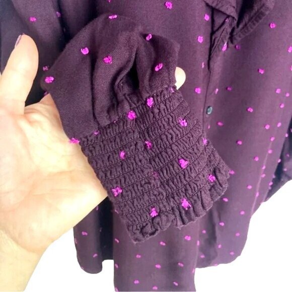 Loft Victorian Button Down Blouse With Ruffle Coquette sz L Plum Pink Polka Dot - Picture 4 of 9